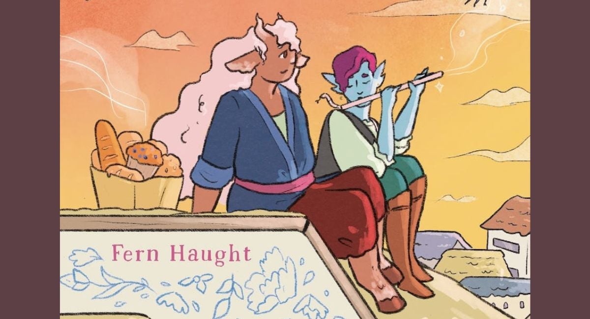 A centaur and a blue elf sit on a rooftop in an illustration.