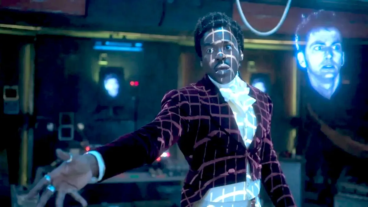 Ncuti Gatwa's Fifteenth Doctor and a hologram of David Tennant's Tenth Doctor