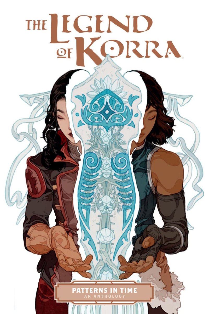 The cover for The Legend of Korra: Patters in Time, featuring Kora and Asami holding up a spirit between them.