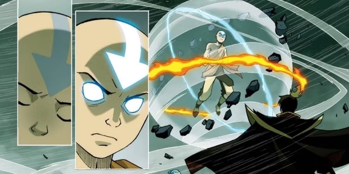 Avatar State Aang bends the four elements in front of Zuko in "The Promise"